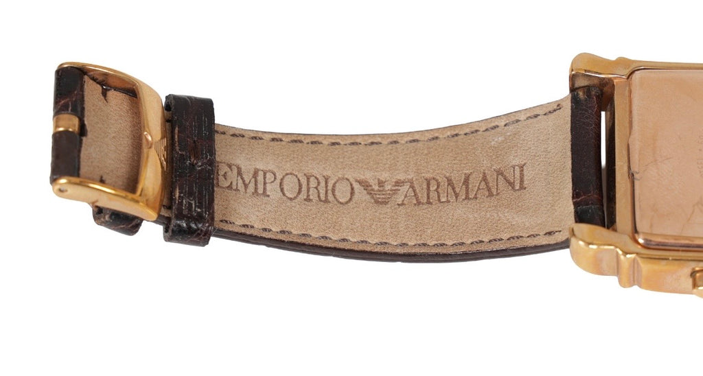 Emporio Armani Rectangular Chronograph Rose Gold Quartz Watch – Brown Leather Strap