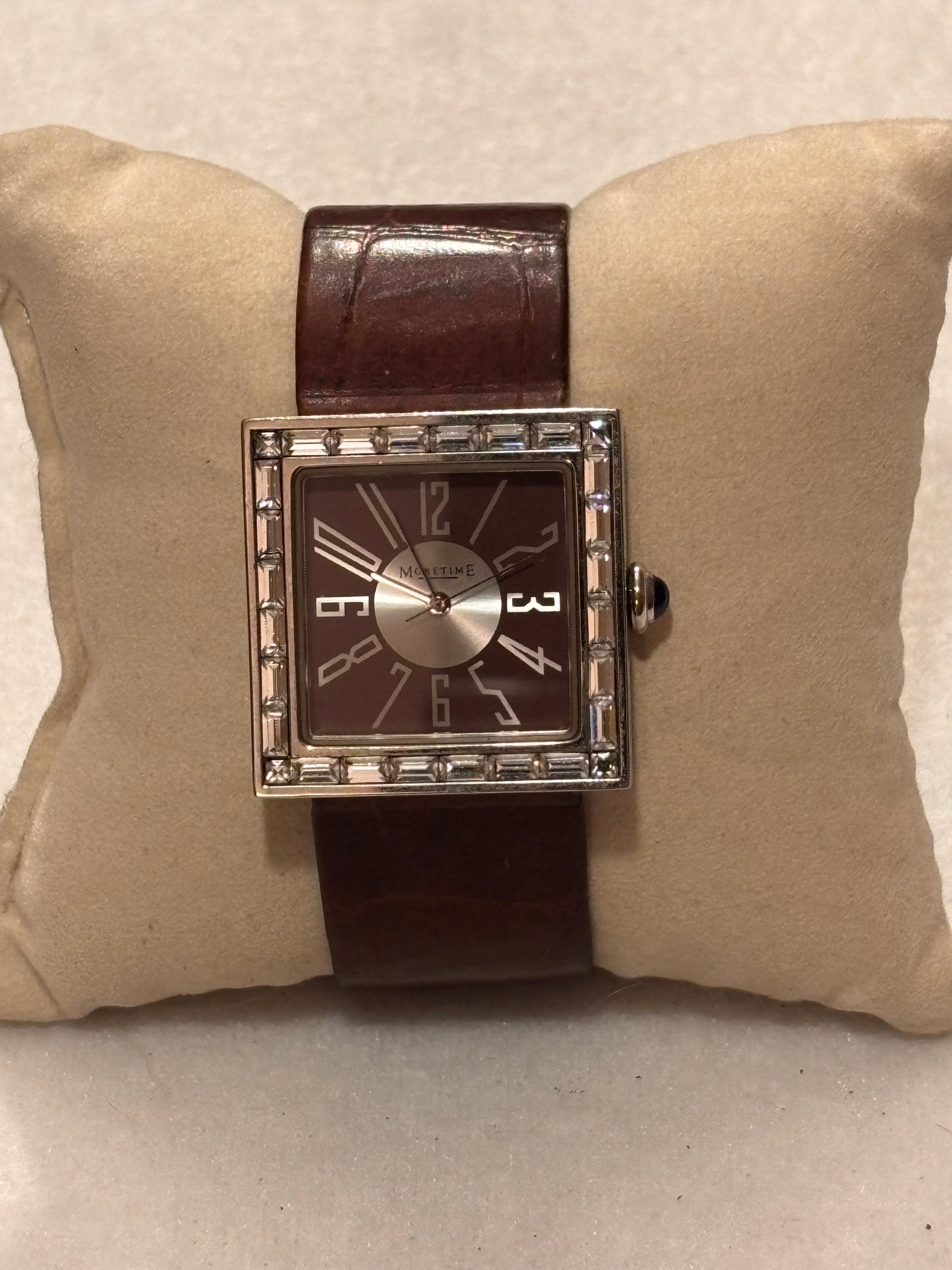 Moretime Square Crystal Bezel Watch – Brown Dial – Leather Strap – Quartz