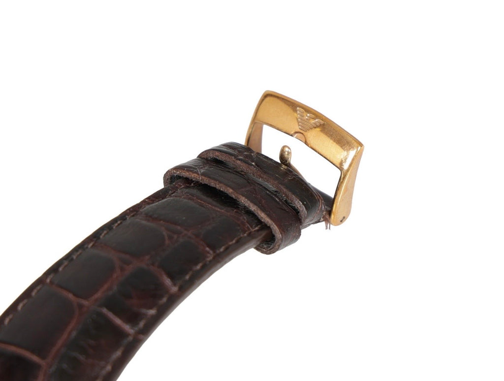 Emporio Armani Rectangular Chronograph Rose Gold Quartz Watch – Brown Leather Strap