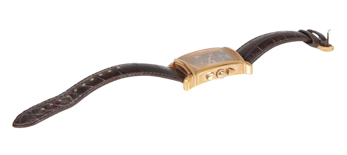 Emporio Armani Rectangular Chronograph Rose Gold Quartz Watch – Brown Leather Strap