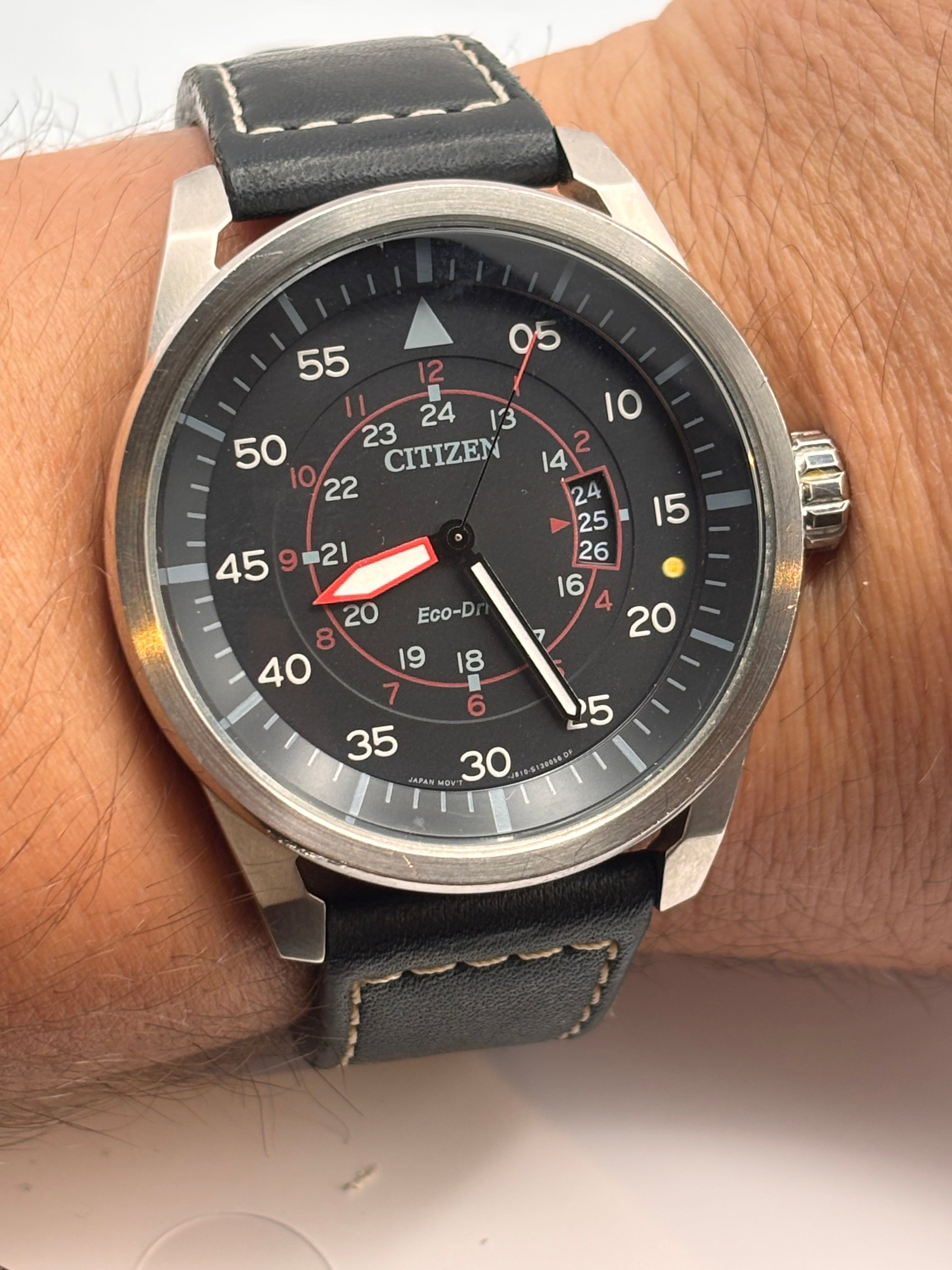 Citizen Eco-Drive Pilot Watch Black Dial Leather Strap – Perfect Working Condition + Box