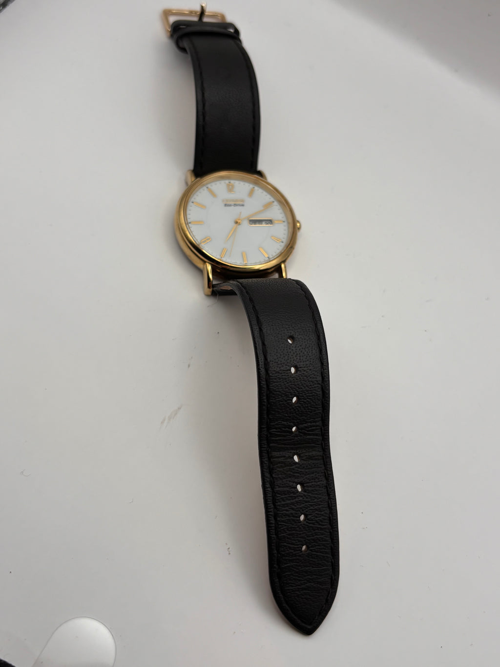 Citizen Eco-Drive Gold Tone Dress Watch White Dial Day-Date – Perfect Working Condition + Box