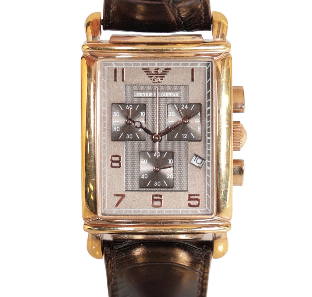 Emporio Armani Rectangular Chronograph Rose Gold Quartz Watch – Brown Leather Strap