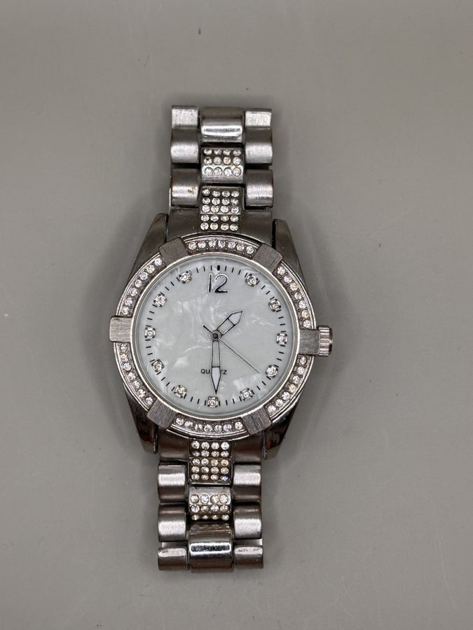 Silver-Tone Quartz Watch with Rhinestone Markers