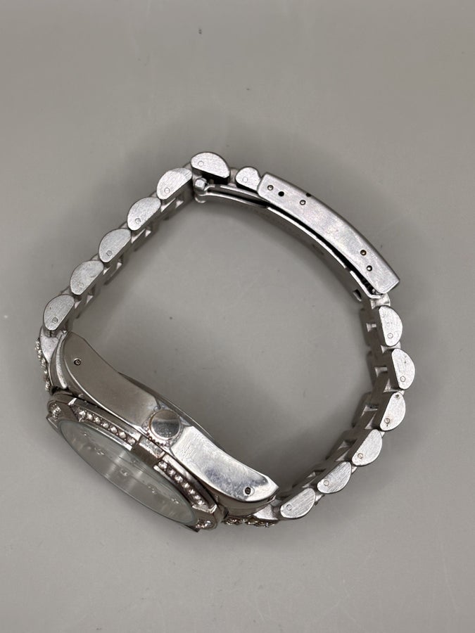 Silver-Tone Quartz Watch with Rhinestone Markers