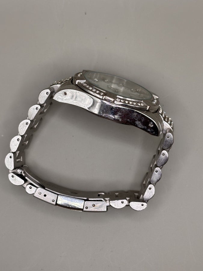 Silver-Tone Quartz Watch with Rhinestone Markers