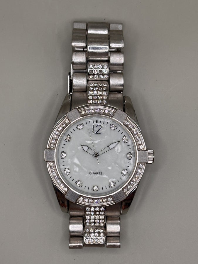 Pearl Dial Quartz Watch with Rhinestone Details