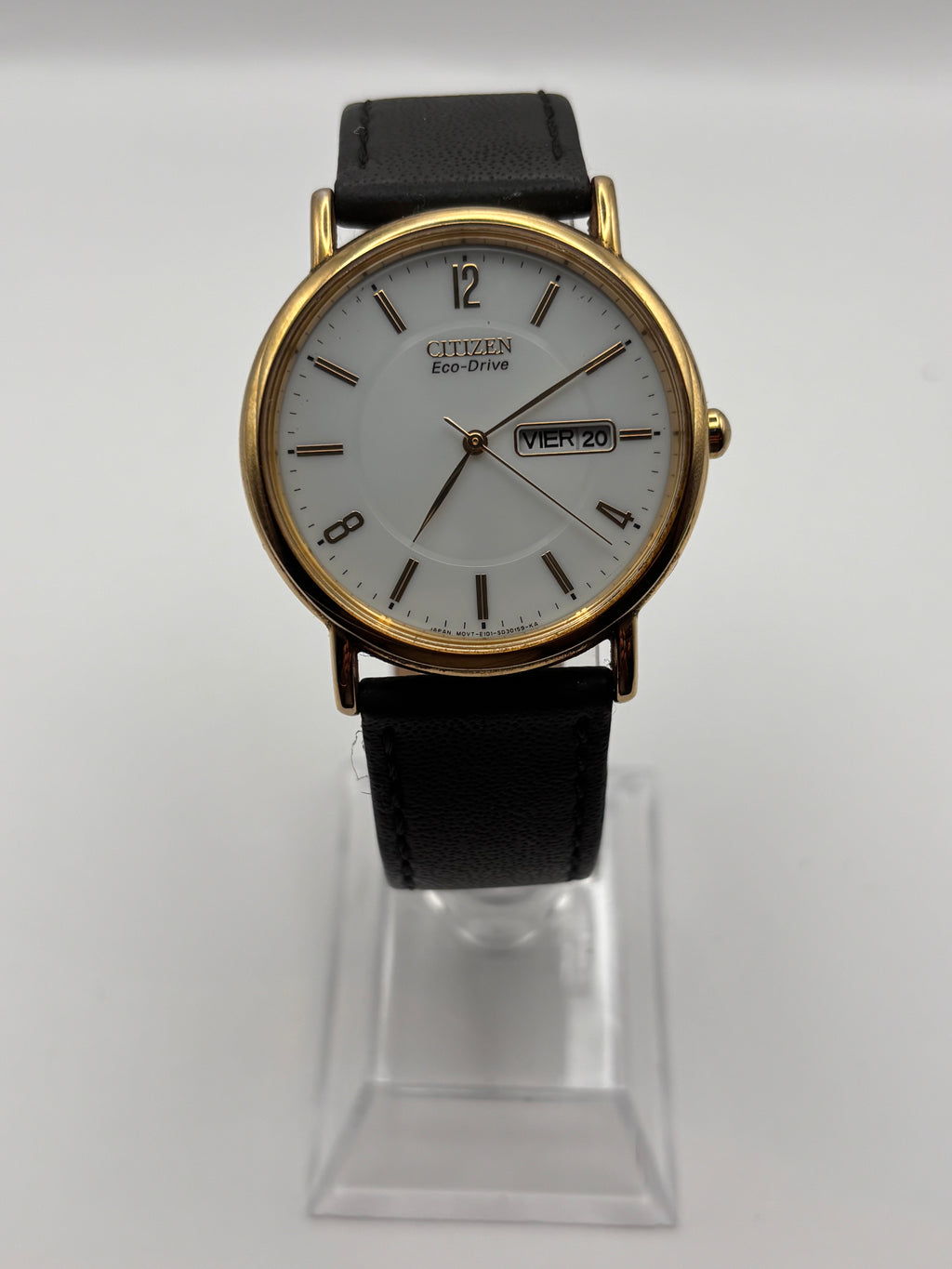 Citizen Eco-Drive Gold Tone Dress Watch White Dial Day-Date – Perfect Working Condition + Box