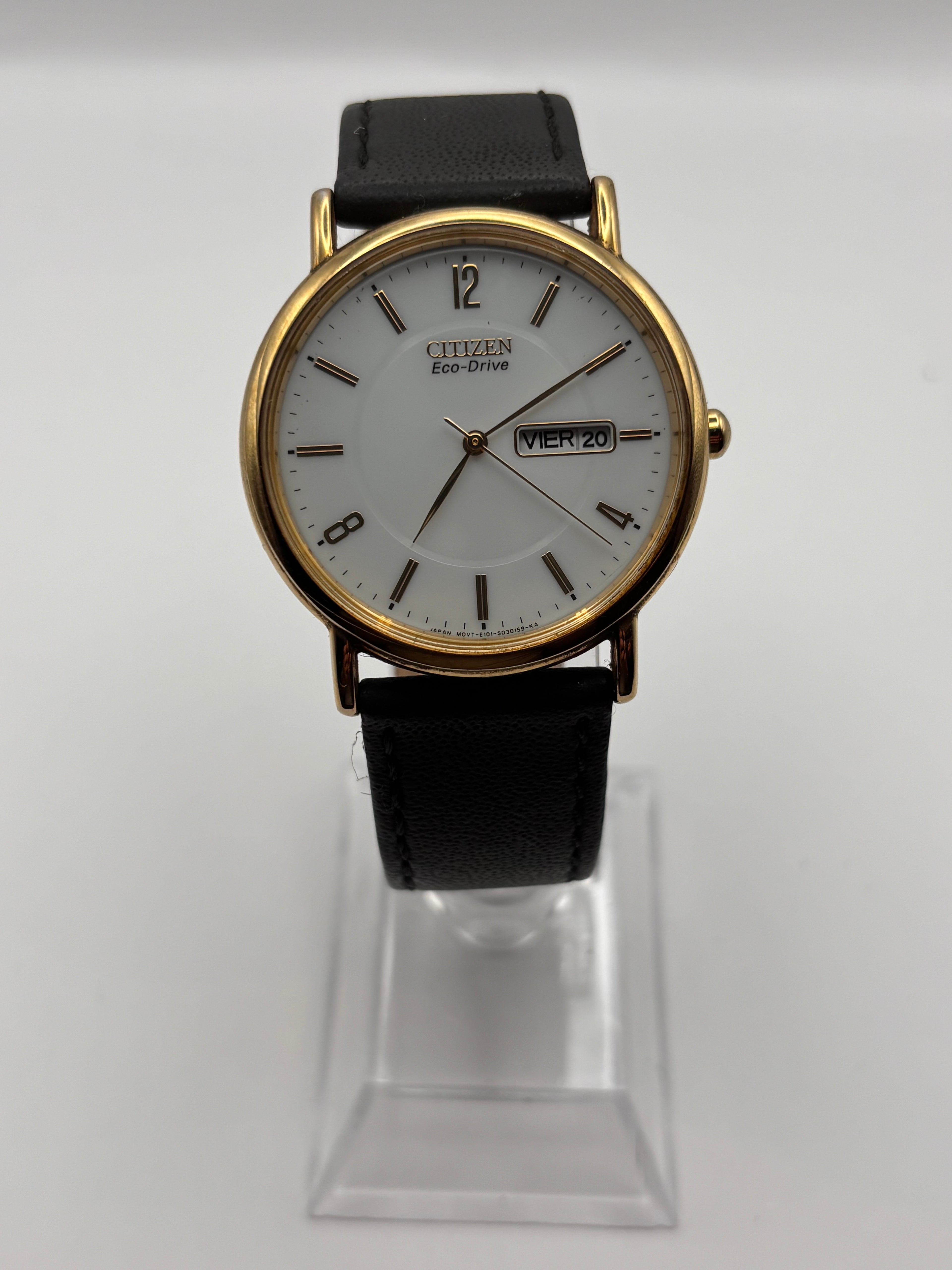 Citizen Eco-Drive Gold Tone Dress Watch White Dial Day-Date – Perfect Working Condition + Box