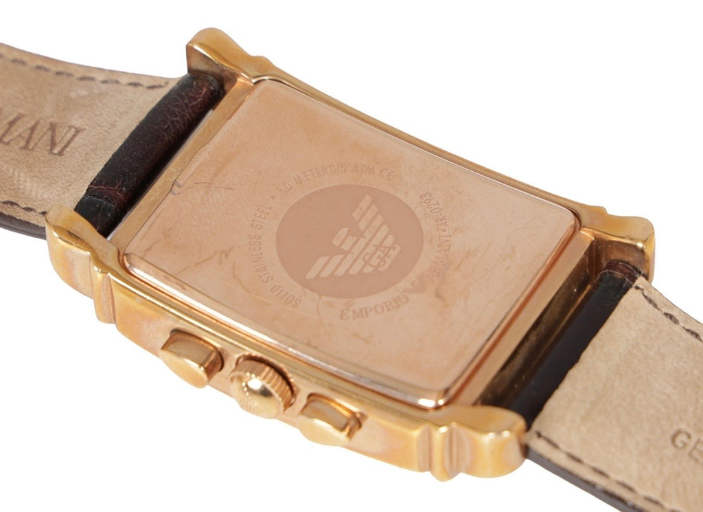 Emporio Armani Rectangular Chronograph Rose Gold Quartz Watch – Brown Leather Strap