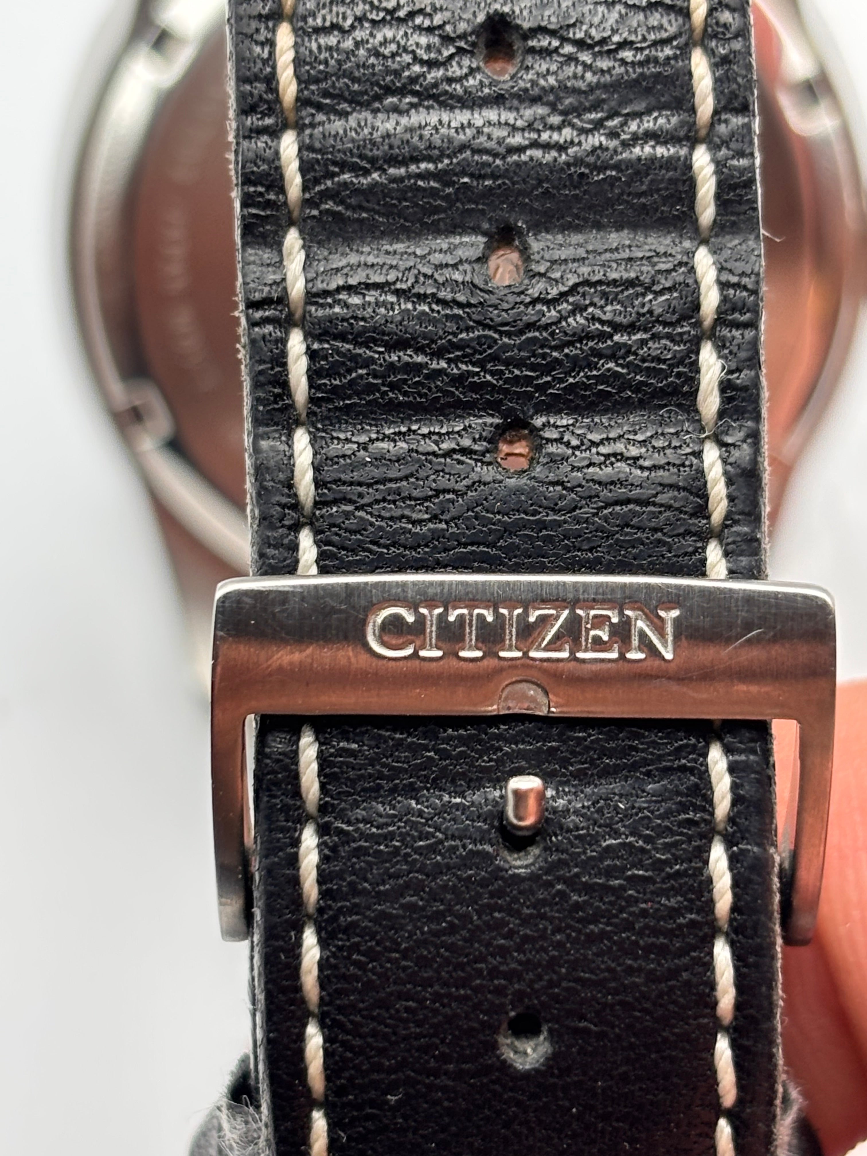 Citizen Eco-Drive Pilot Watch Black Dial Leather Strap – Perfect Working Condition + Box