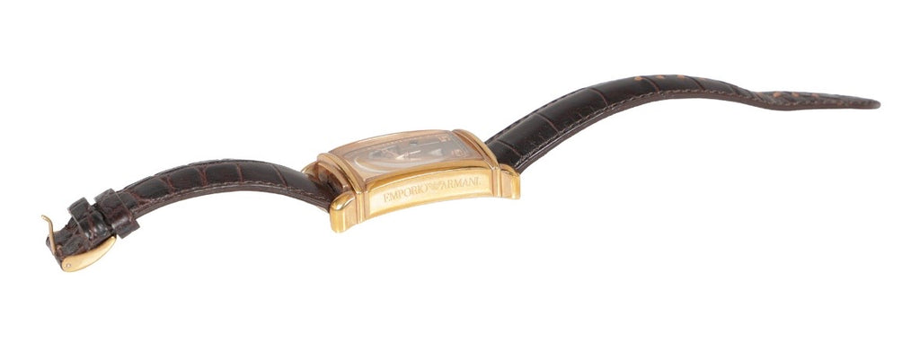 Emporio Armani Rectangular Chronograph Rose Gold Quartz Watch – Brown Leather Strap