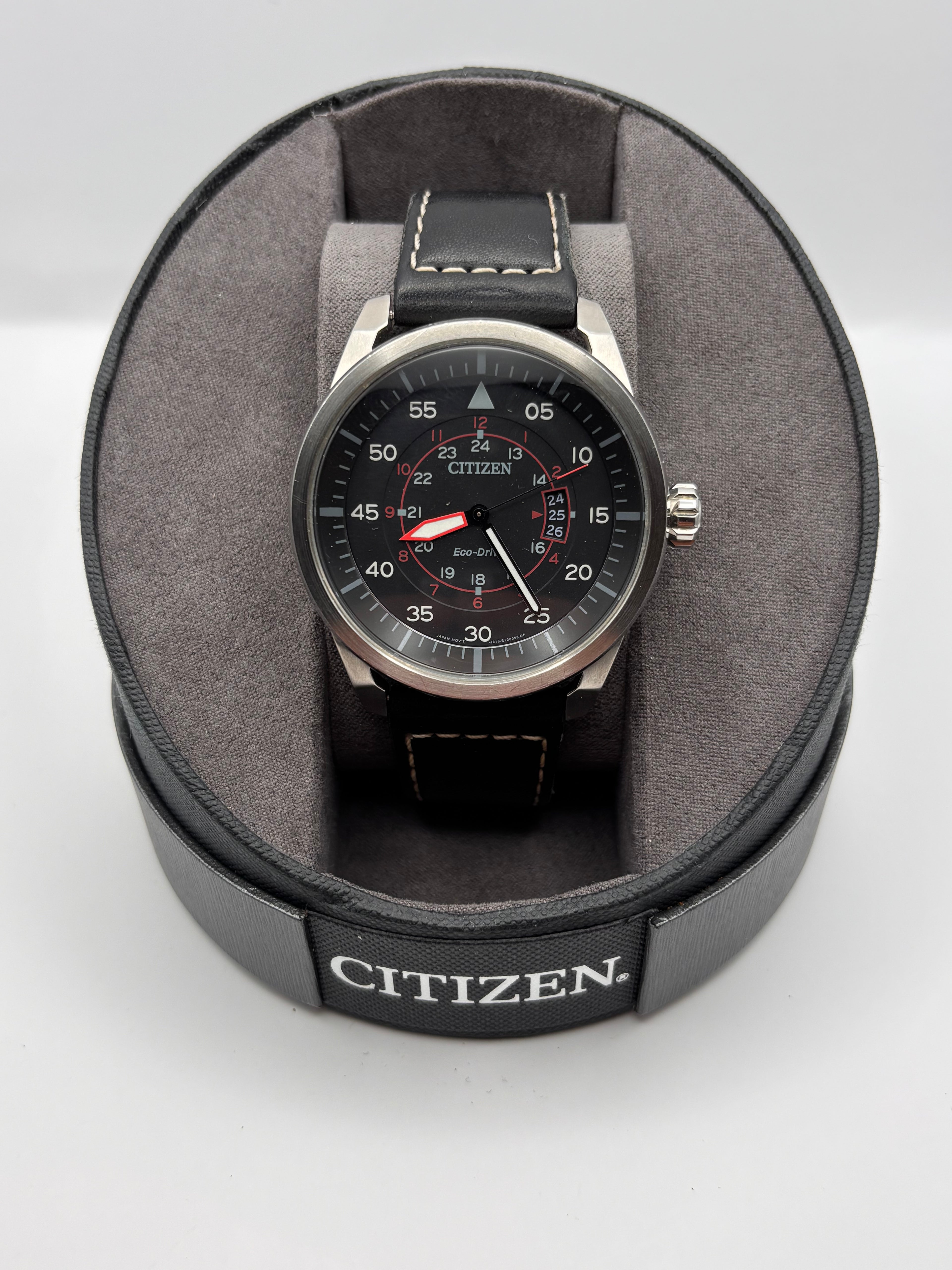Citizen Eco-Drive Pilot Watch Black Dial Leather Strap – Perfect Working Condition + Box
