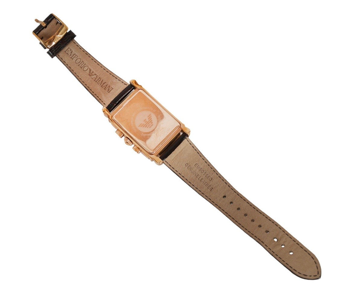 Emporio Armani Rectangular Chronograph Rose Gold Quartz Watch – Brown Leather Strap