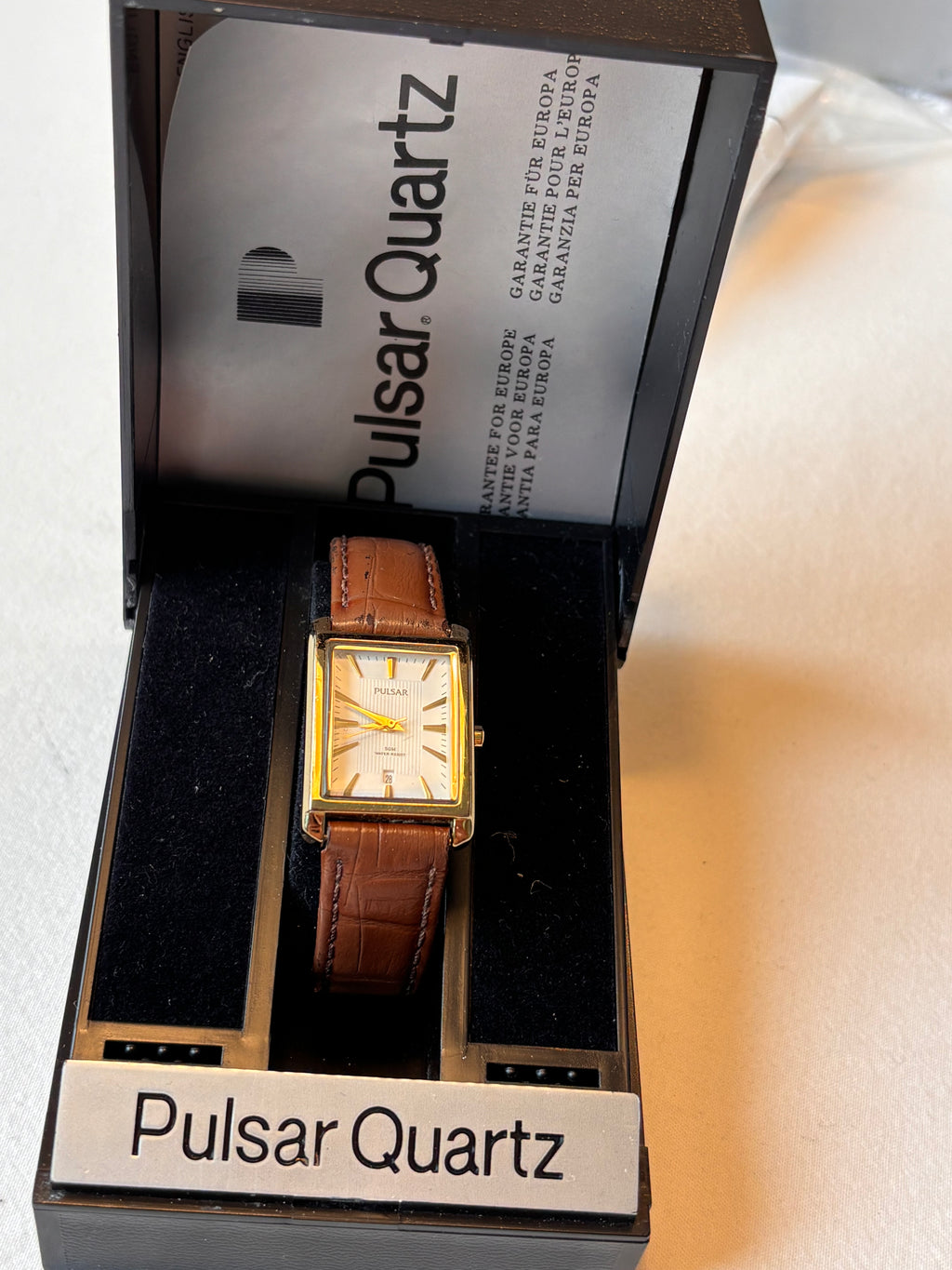 Vintage Pulsar Quartz Rectangular Gold-Tone Watch with Original Box & Papers