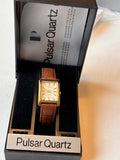 Vintage Pulsar Quartz Rectangular Gold-Tone Watch with Original Box & Papers