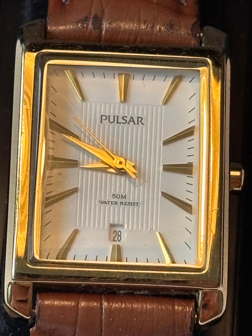 Vintage Pulsar Quartz Rectangular Gold-Tone Watch with Original Box & Papers
