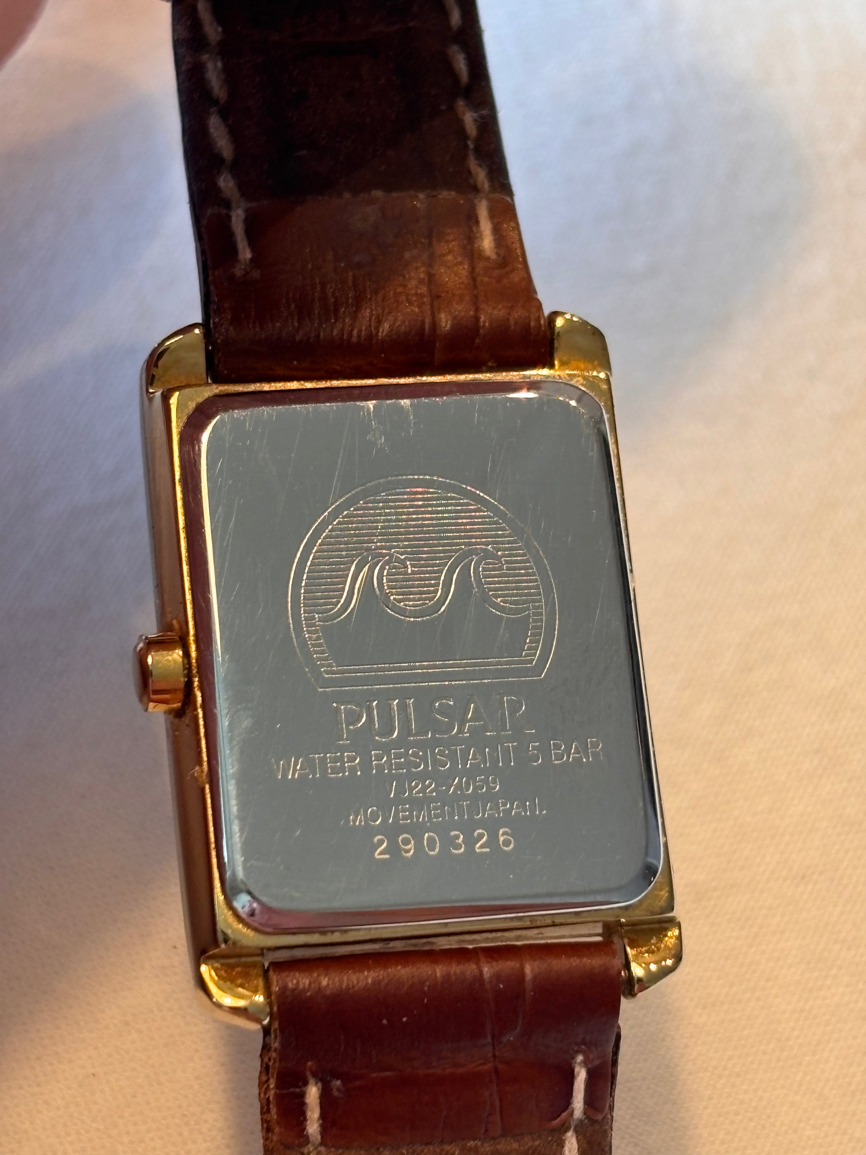 Vintage Pulsar Quartz Rectangular Gold-Tone Watch with Original Box & Papers