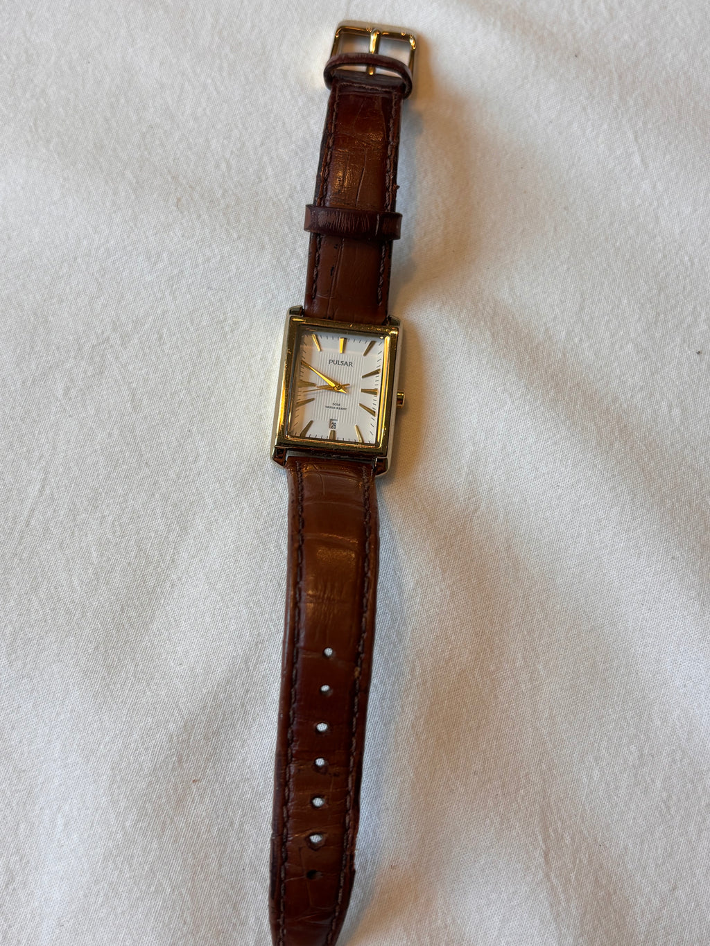 Vintage Pulsar Quartz Rectangular Gold-Tone Watch with Original Box & Papers