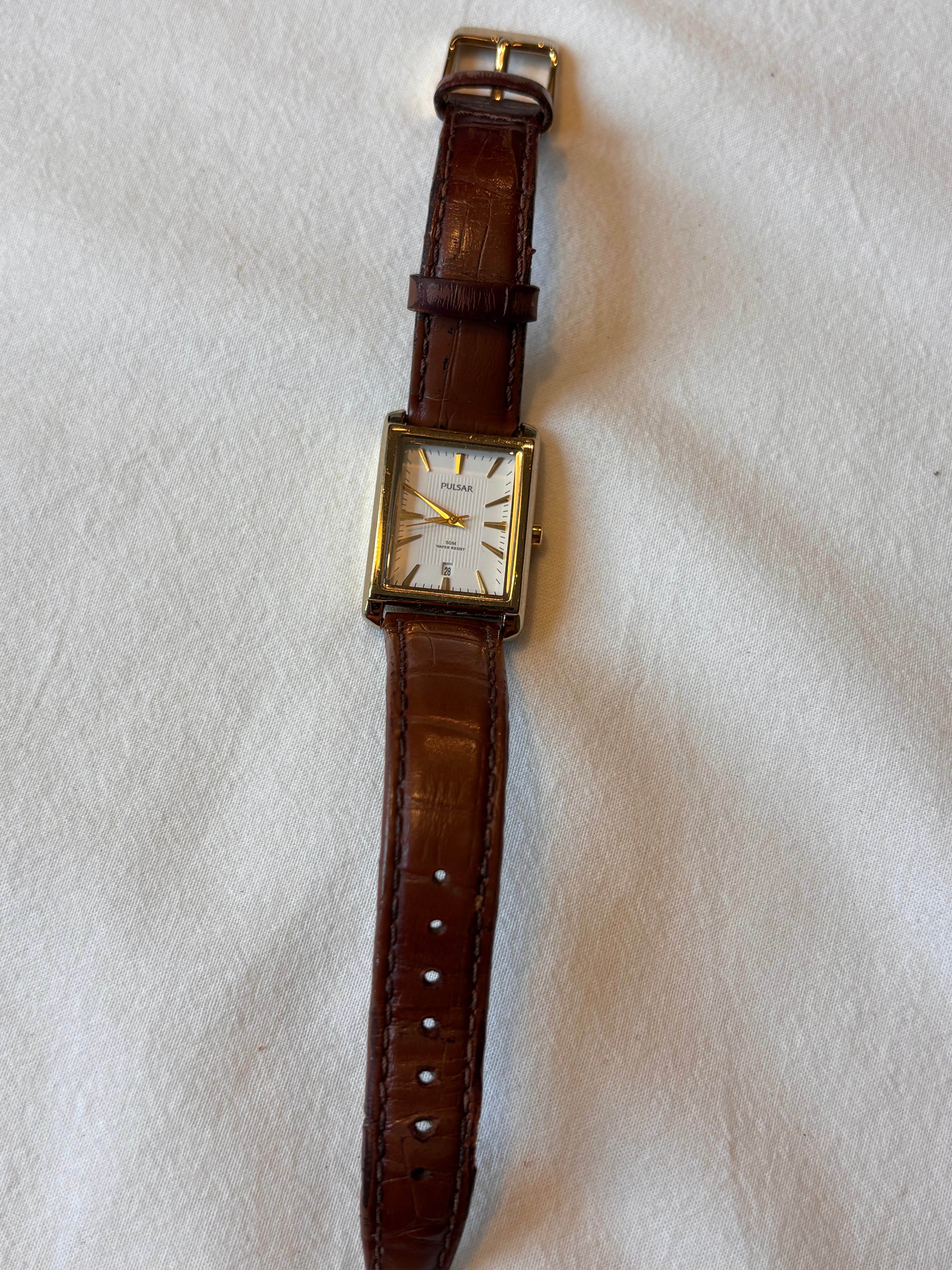 Vintage Pulsar Quartz Rectangular Gold-Tone Watch with Original Box & Papers