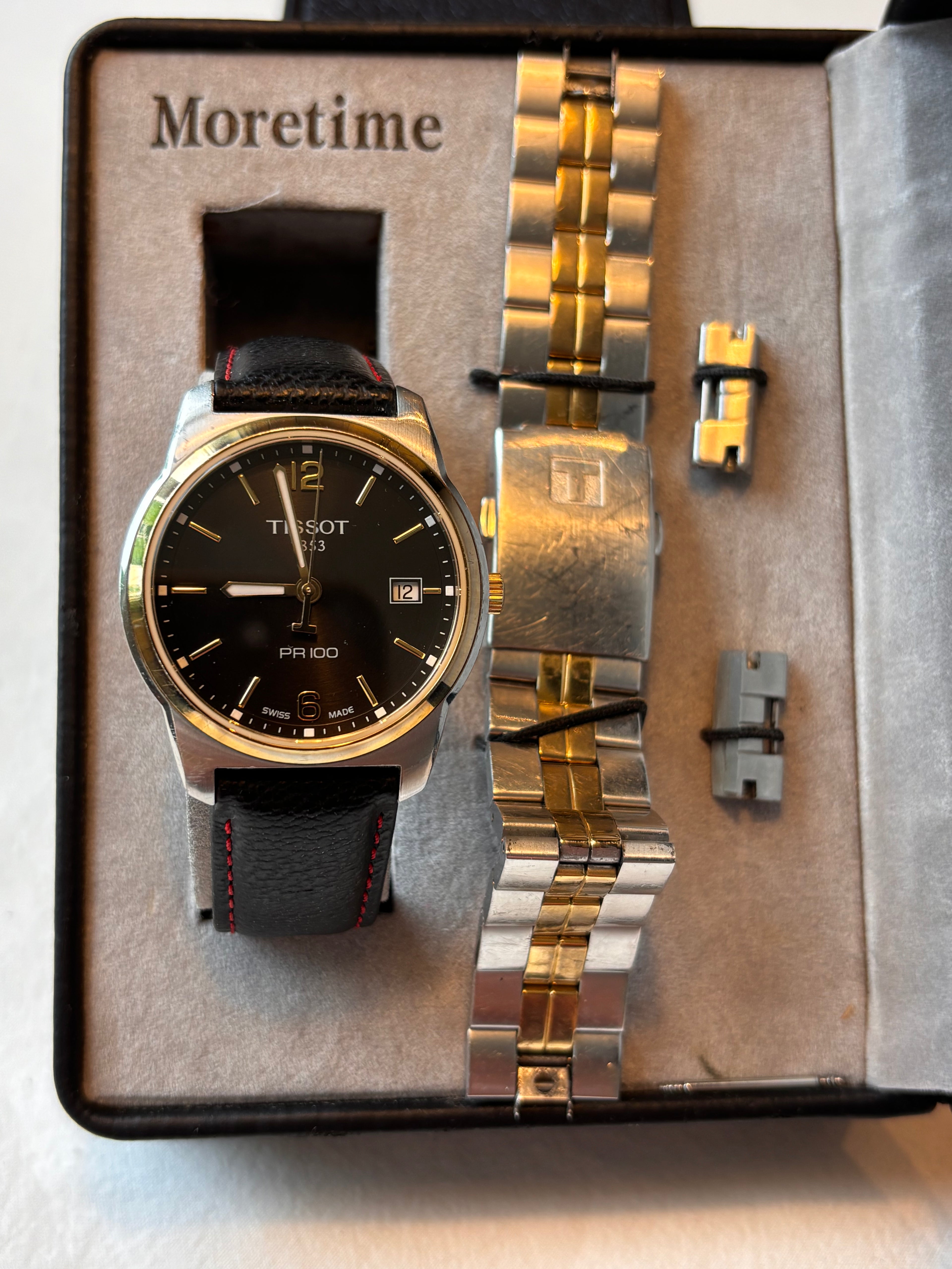 Tissot PR100 Quartz Watch | Black Leather Strap with Red Stitching | Stainless Steel Case | Sapphire Crystal | Box & Two-Tone Bracelet Included