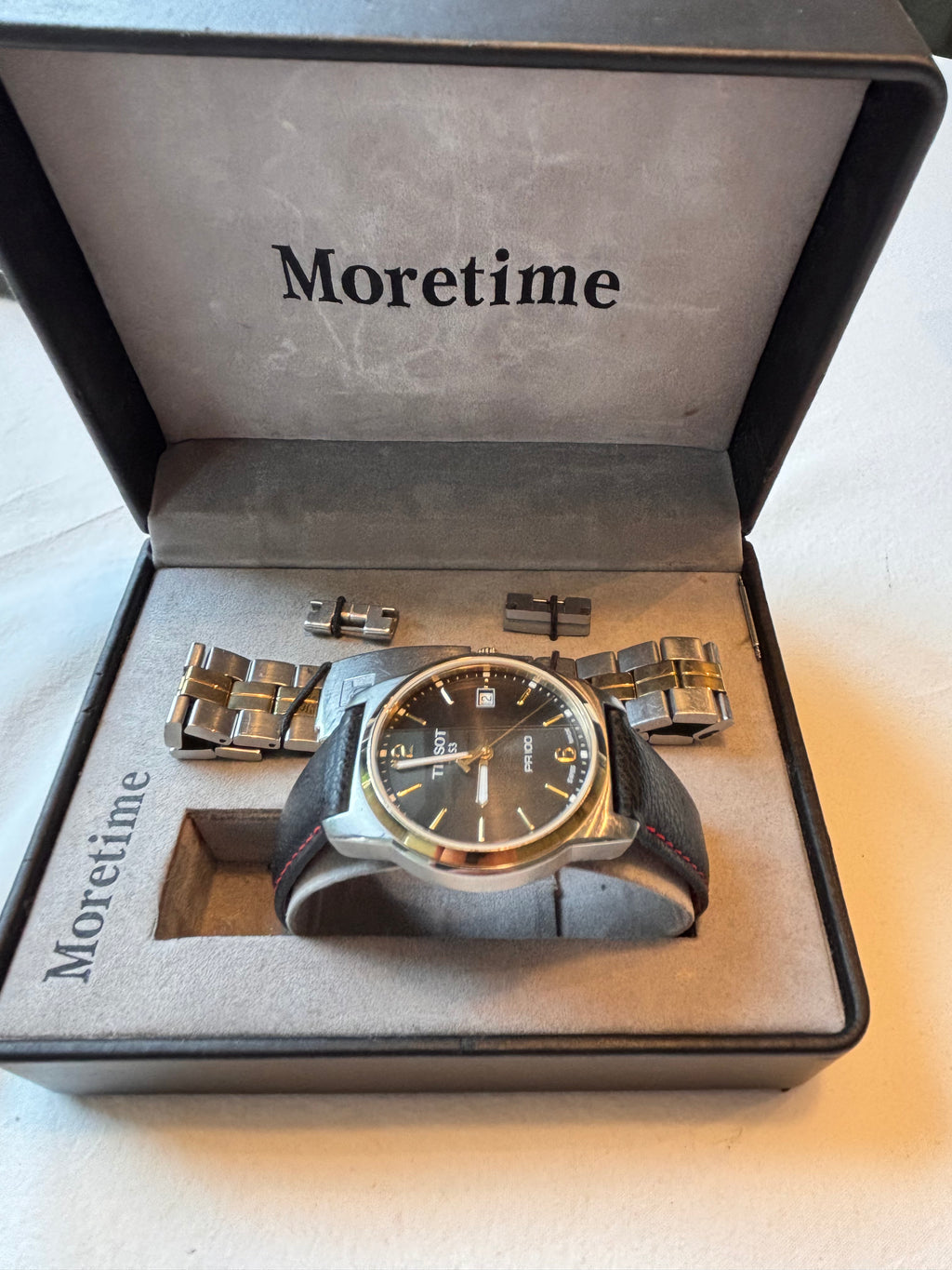 Tissot PR100 Quartz Watch | Black Leather Strap with Red Stitching | Stainless Steel Case | Sapphire Crystal | Box & Two-Tone Bracelet Included