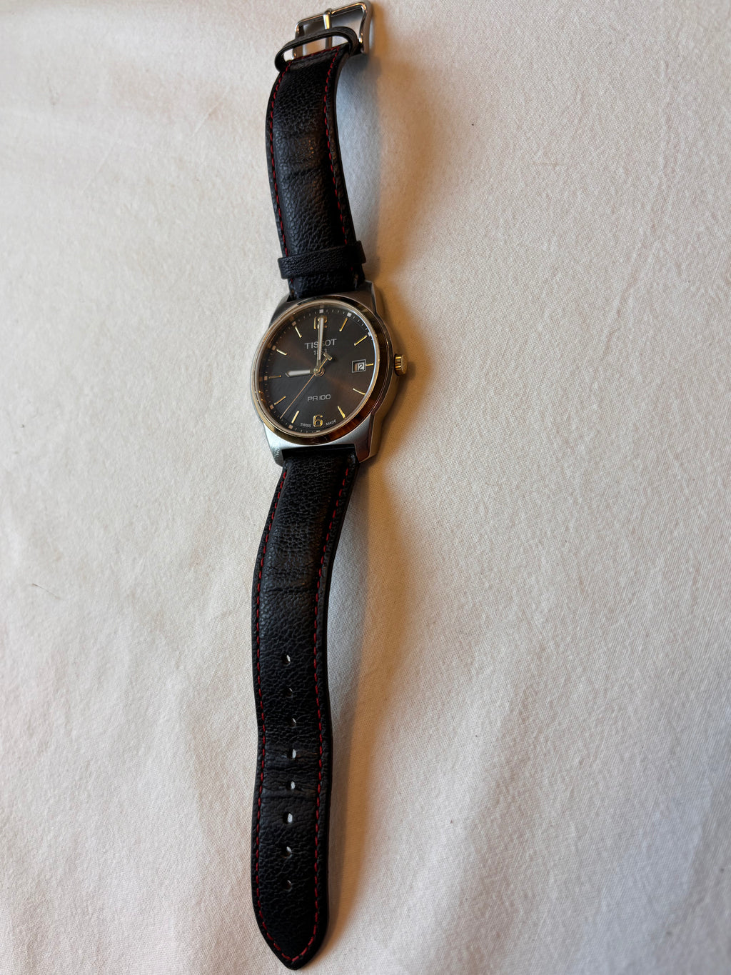Tissot PR100 Quartz Watch | Black Leather Strap with Red Stitching | Stainless Steel Case | Sapphire Crystal | Box & Two-Tone Bracelet Included
