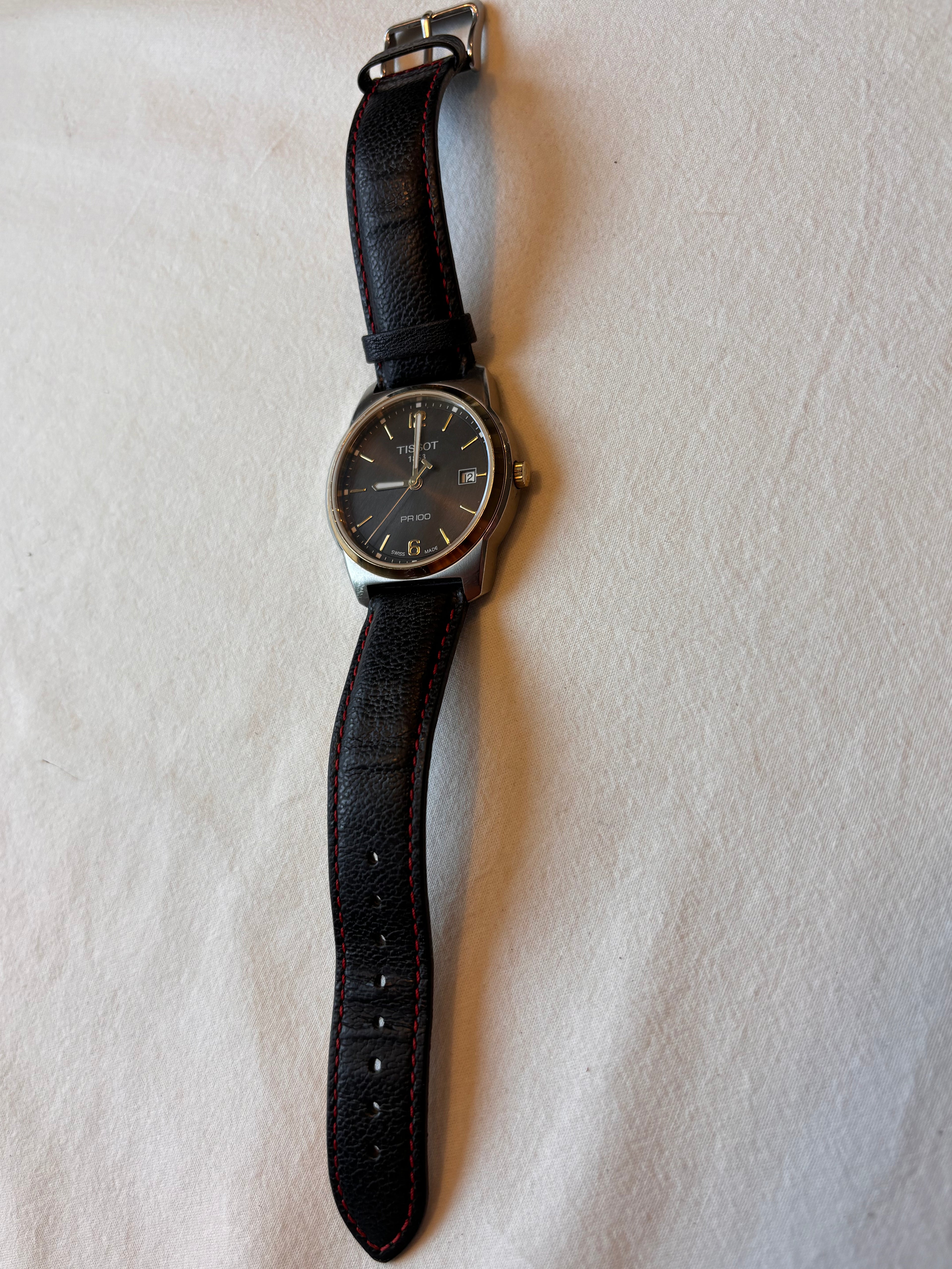 Tissot PR100 Quartz Watch | Black Leather Strap with Red Stitching | Stainless Steel Case | Sapphire Crystal | Box & Two-Tone Bracelet Included