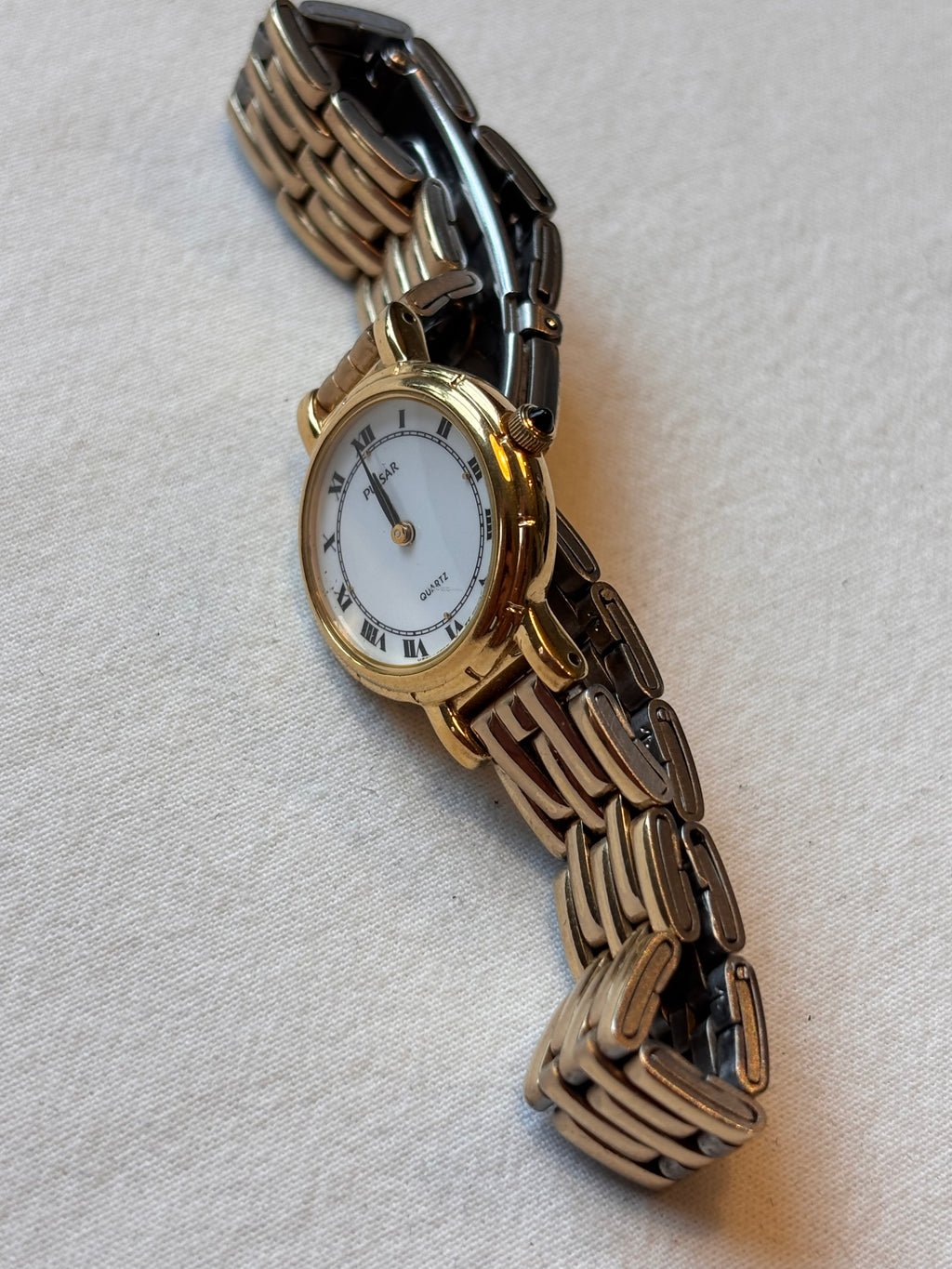 Elegant Vintage Pulsar Quartz Gold Tone Ladies Watch | Roman Numerals | Two-Tone Bracelet | Japan Movement