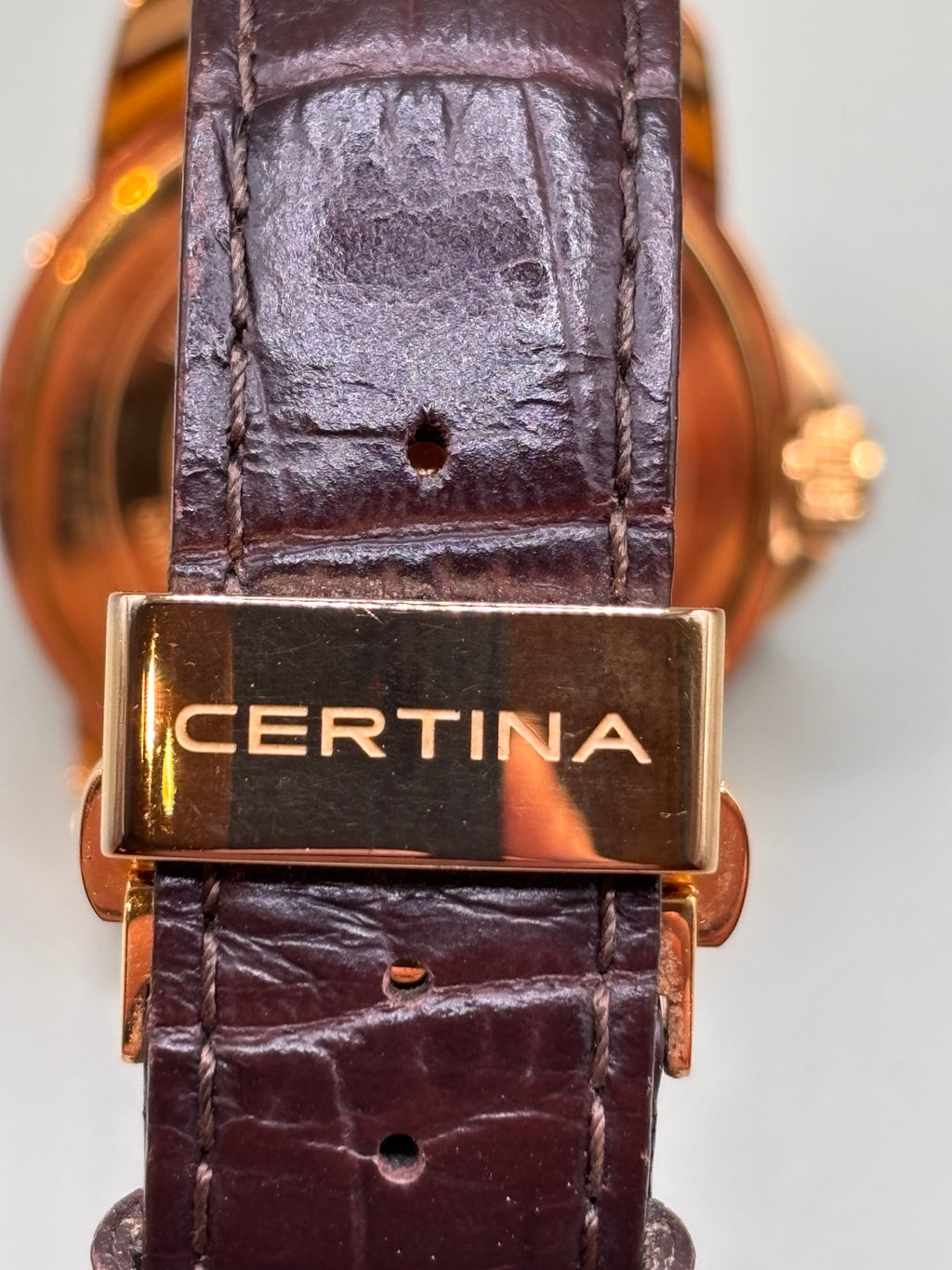 Certina signed folding clasp and brown leather strap