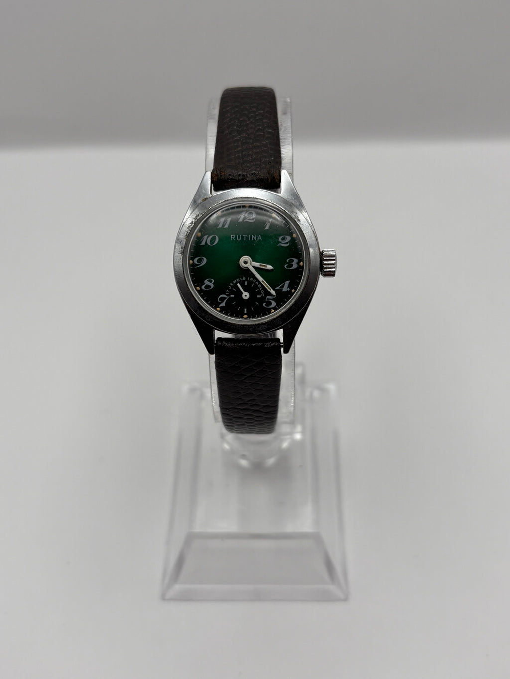 Rutina 17 jewels Incabloc green dial watch front view