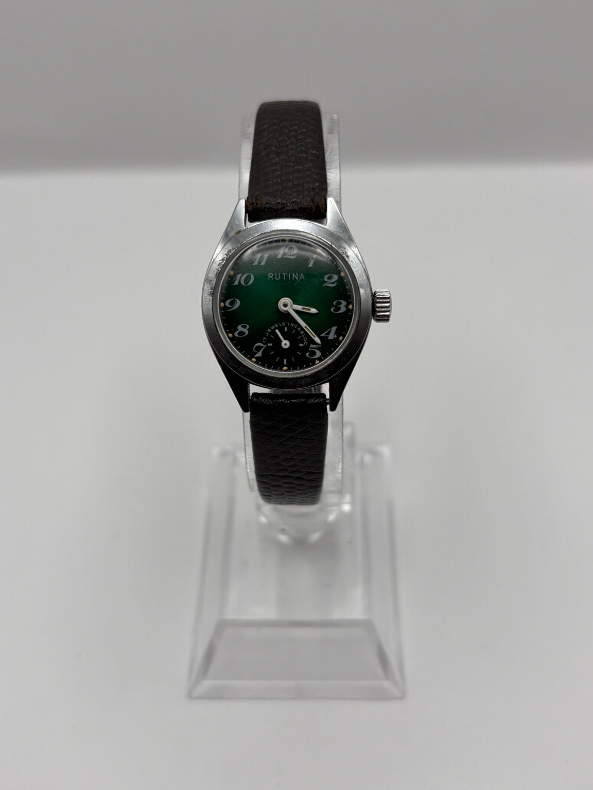 Rutina 17 jewels Incabloc green dial watch front view