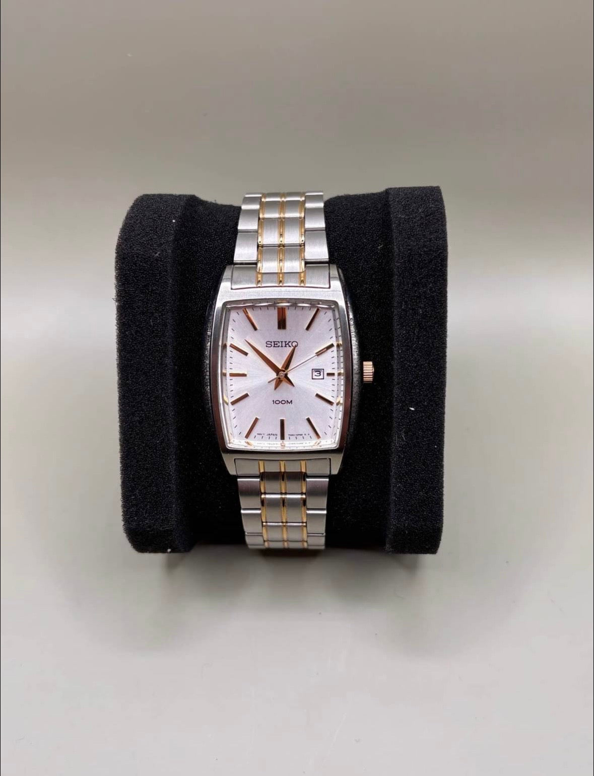 Seiko 7N82-0GJ0 two-tone rectangular quartz watch front