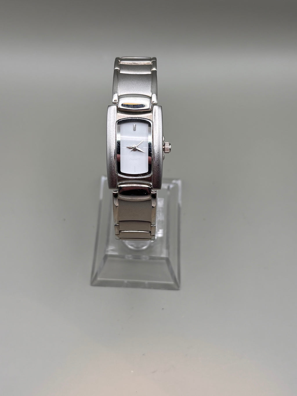 Ladies silver-tone rectangular quartz bracelet watch front