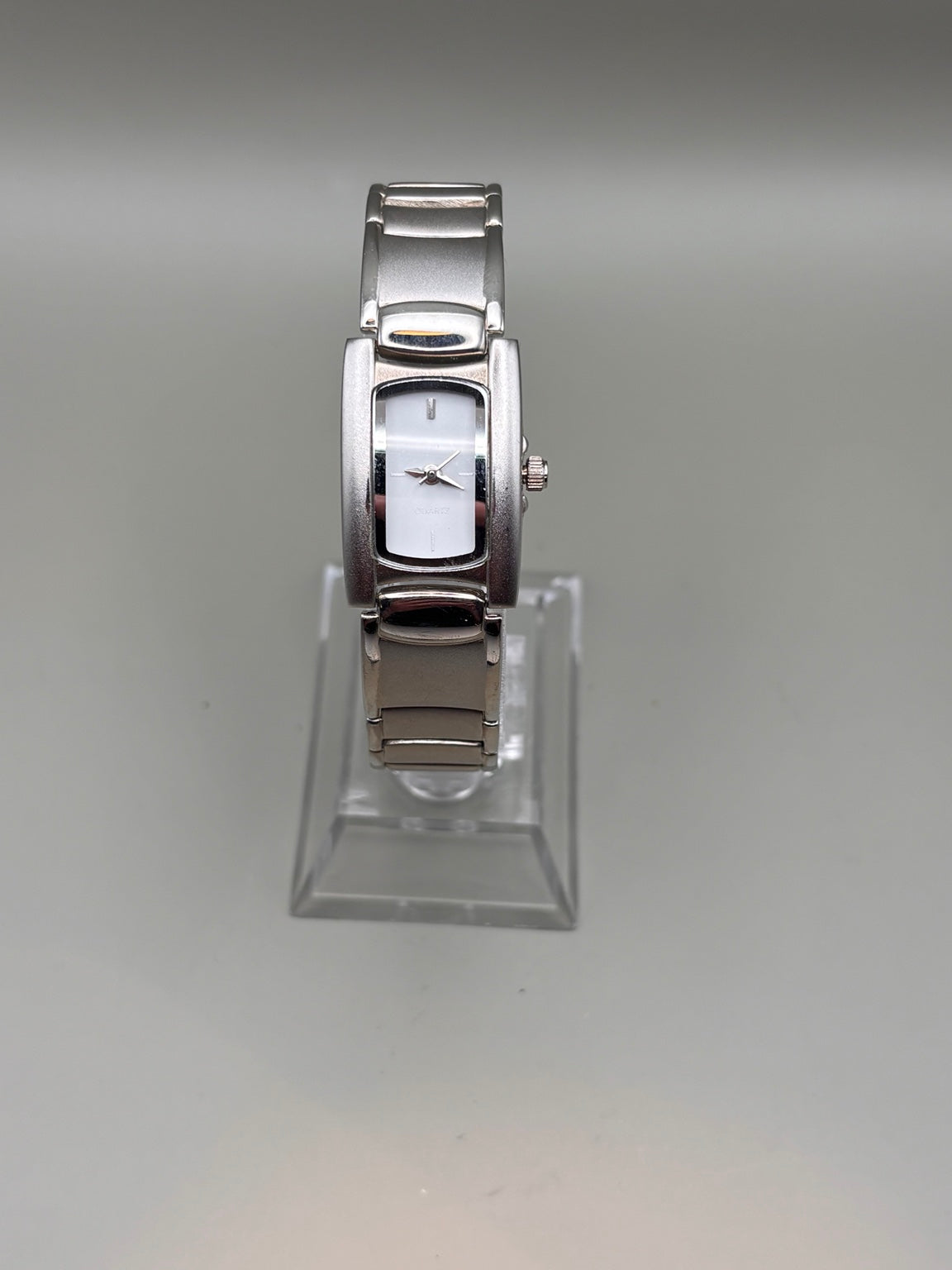 Ladies silver-tone rectangular quartz bracelet watch front